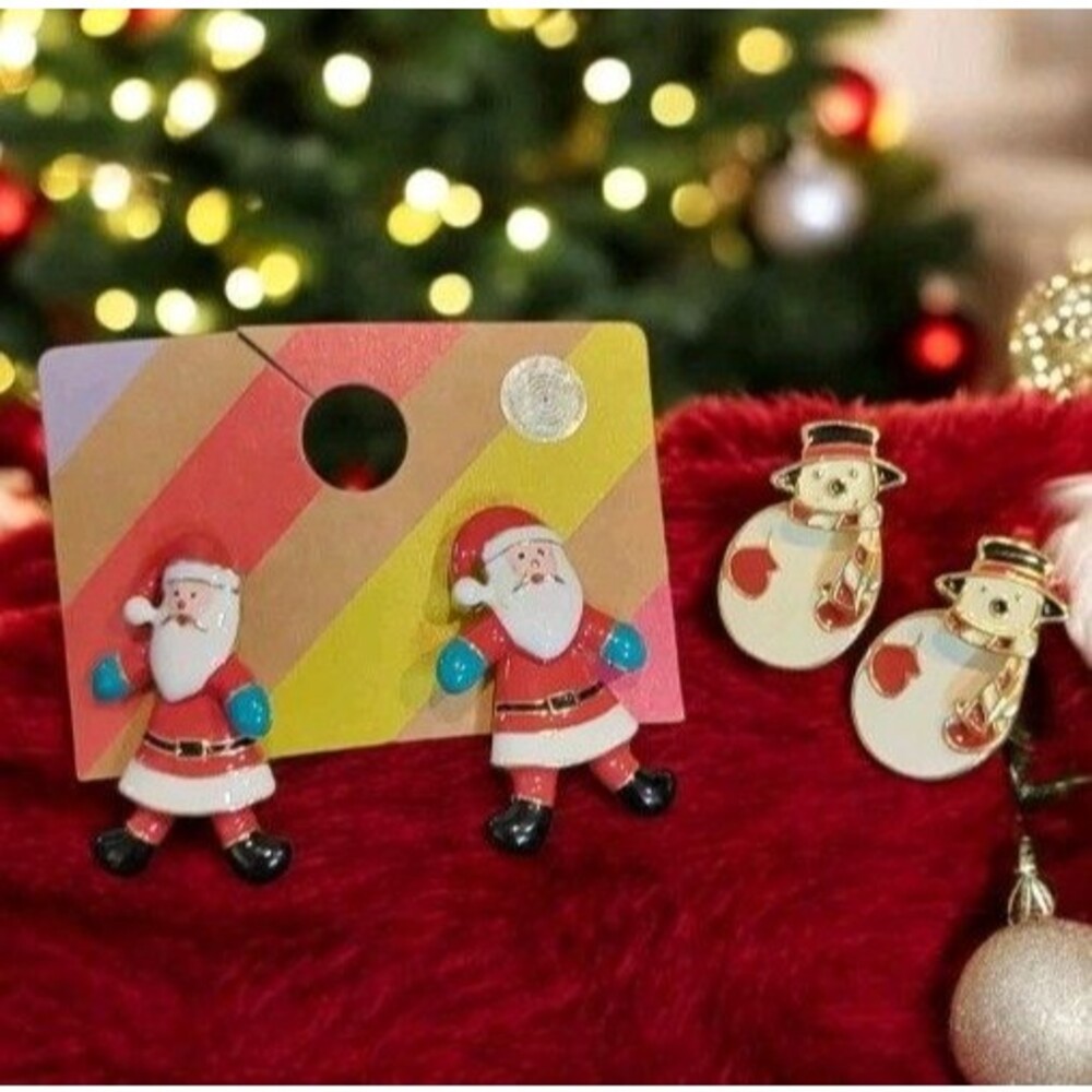 Forever 21 Enamel Articulating Santa Claus & Snowman Earrings Christmas Lot Of 2